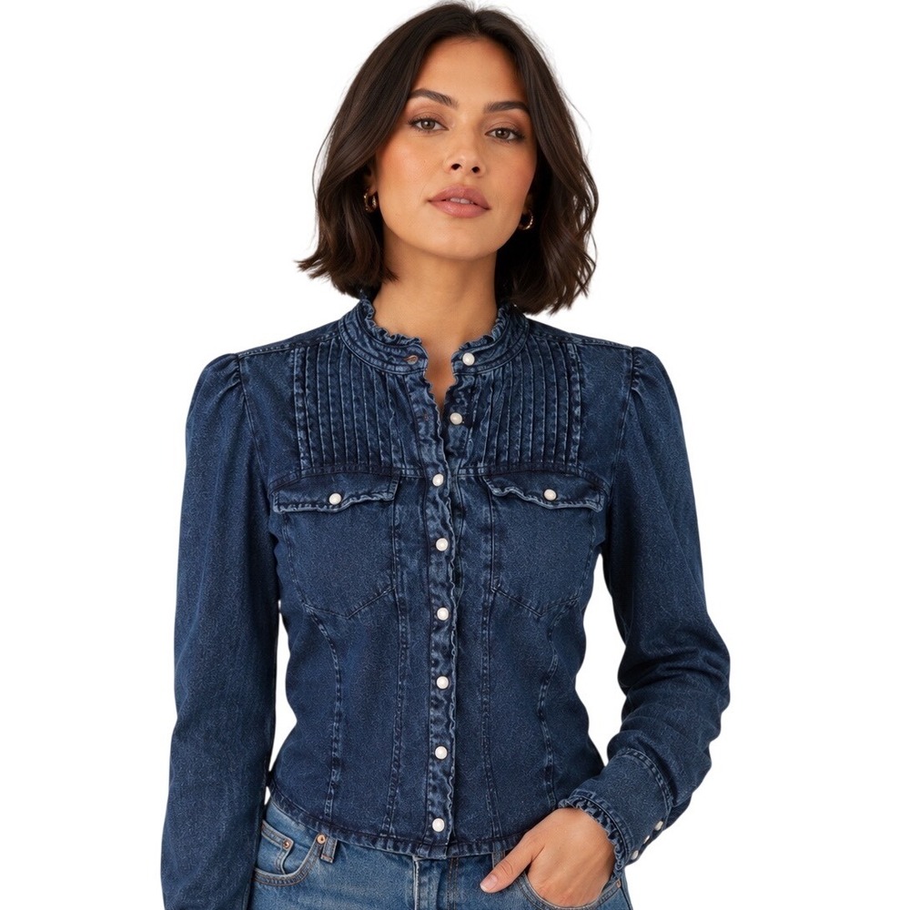 Free People Samantha Denim Blouse S Ruffle Pintuck Pearl Snap Western Victorian